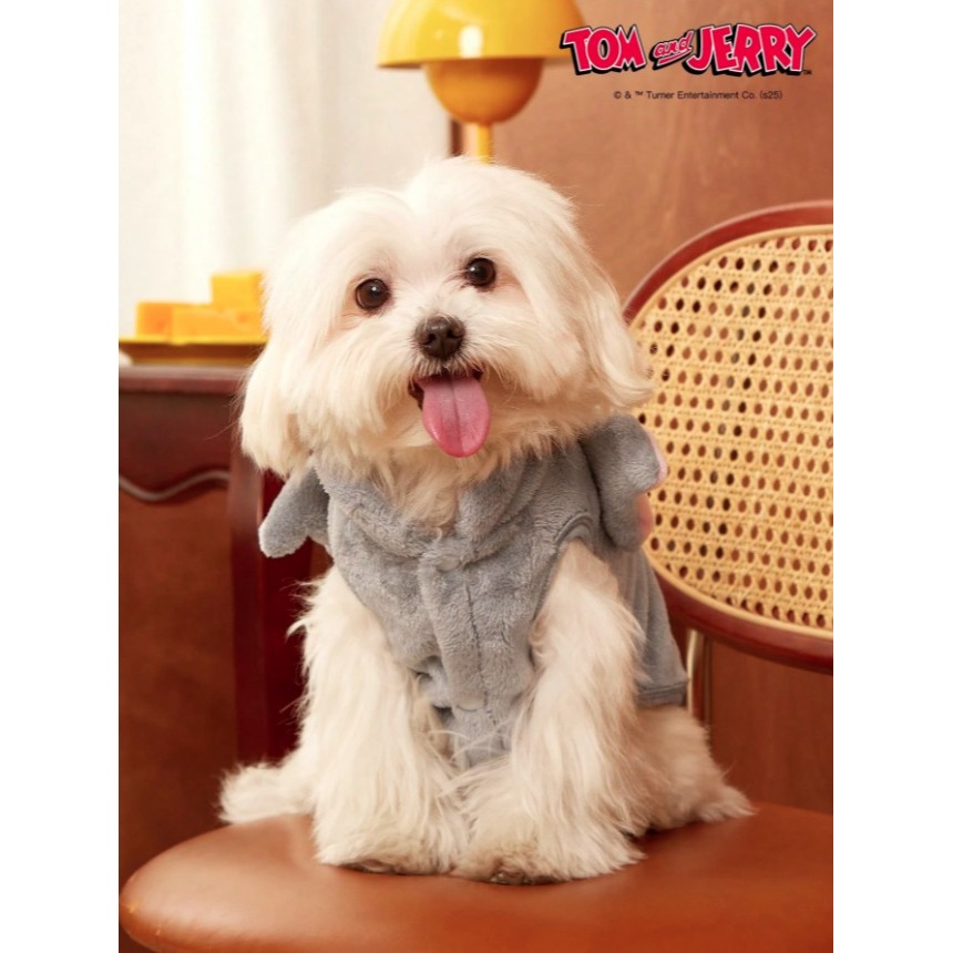 正版聯名 TOM&JERRY湯姆貓和傑利鼠  灰色刺繡貓咪寵物貓狗通用外套 帶扣毛絨保暖無袖外套 寵物衣服-細節圖4