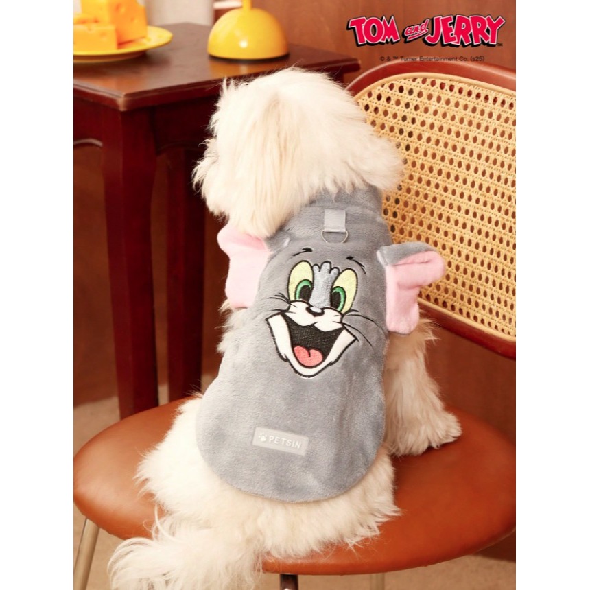 正版聯名 TOM&JERRY湯姆貓和傑利鼠  灰色刺繡貓咪寵物貓狗通用外套 帶扣毛絨保暖無袖外套 寵物衣服-細節圖6