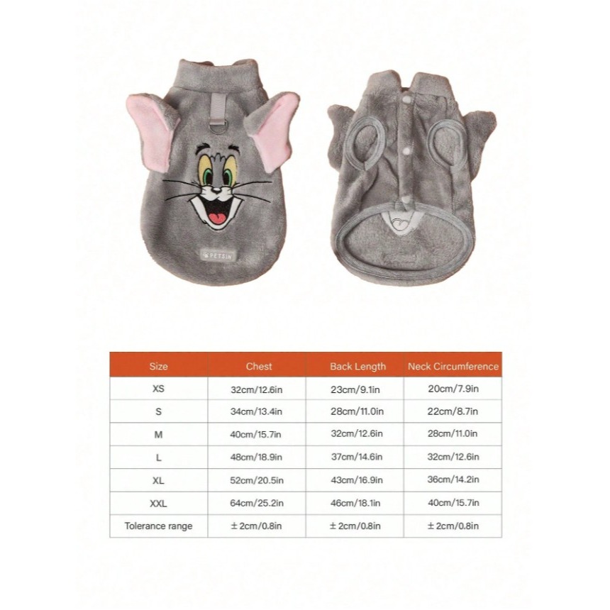 正版聯名 TOM&JERRY湯姆貓和傑利鼠  灰色刺繡貓咪寵物貓狗通用外套 帶扣毛絨保暖無袖外套 寵物衣服-細節圖9