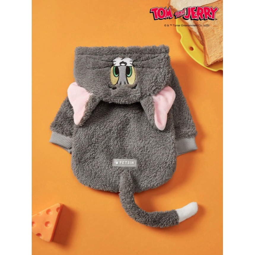 正版聯名 TOM&JERRY湯姆貓和傑利鼠 可愛貓咪寵物衣服 連帽加厚寵物外套 寵物保暖背心 寵物毛絨衣服 狗狗衣服-細節圖2