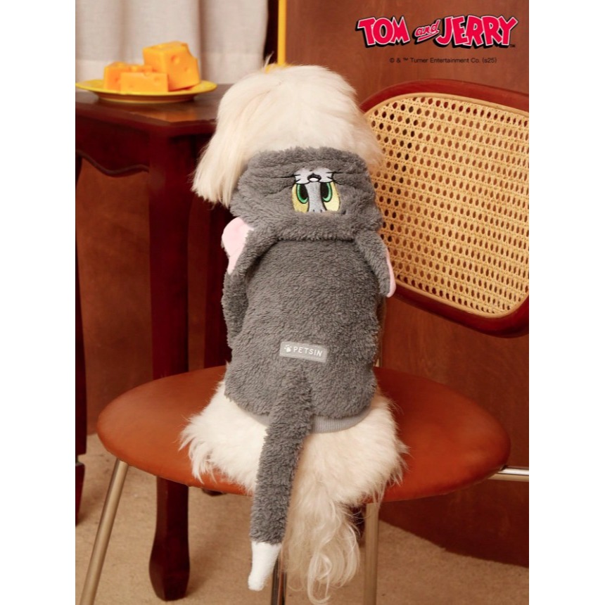 正版聯名 TOM&JERRY湯姆貓和傑利鼠 可愛貓咪寵物衣服 連帽加厚寵物外套 寵物保暖背心 寵物毛絨衣服 狗狗衣服-細節圖3