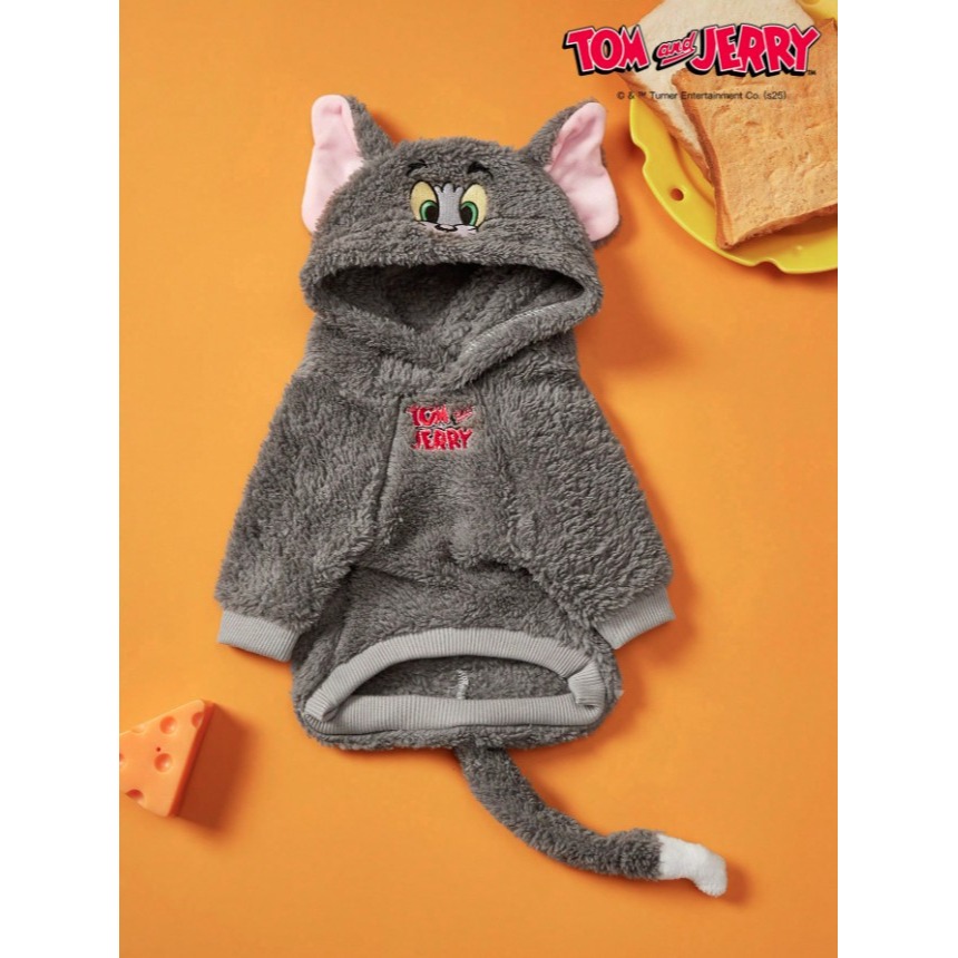 正版聯名 TOM&JERRY湯姆貓和傑利鼠 可愛貓咪寵物衣服 連帽加厚寵物外套 寵物保暖背心 寵物毛絨衣服 狗狗衣服-細節圖4