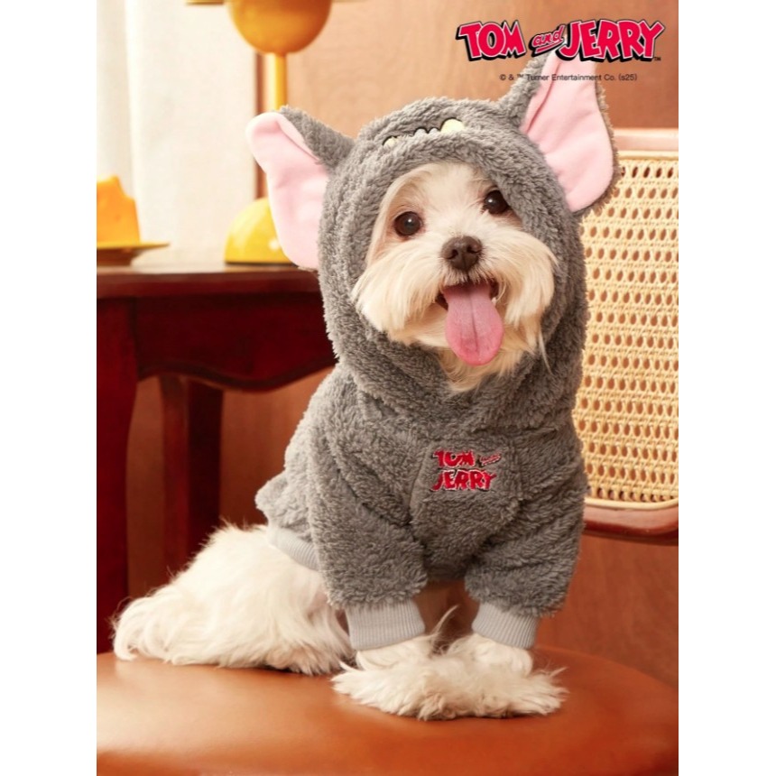 正版聯名 TOM&JERRY湯姆貓和傑利鼠 可愛貓咪寵物衣服 連帽加厚寵物外套 寵物保暖背心 寵物毛絨衣服 狗狗衣服-細節圖5