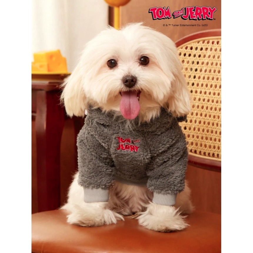 正版聯名 TOM&JERRY湯姆貓和傑利鼠 可愛貓咪寵物衣服 連帽加厚寵物外套 寵物保暖背心 寵物毛絨衣服 狗狗衣服-細節圖10