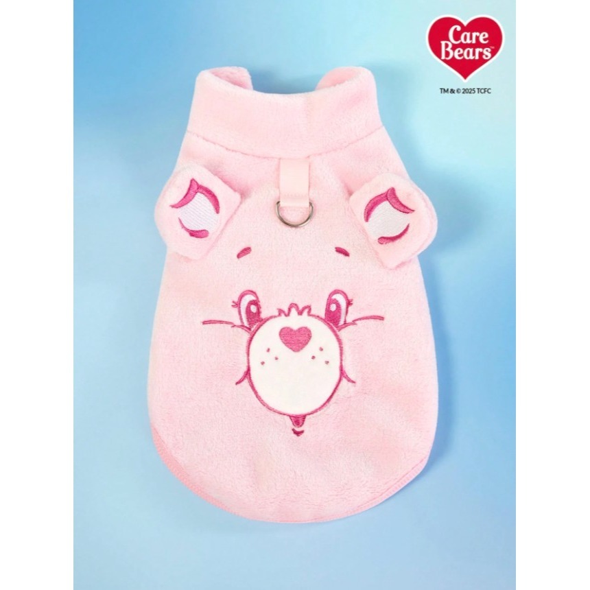 正版聯名 彩虹熊Care Bears 粉紅色熊刺繡寵物衣服 寵物貓狗通用外套 帶扣毛絨保暖無袖外套 寵物衣服-細節圖2