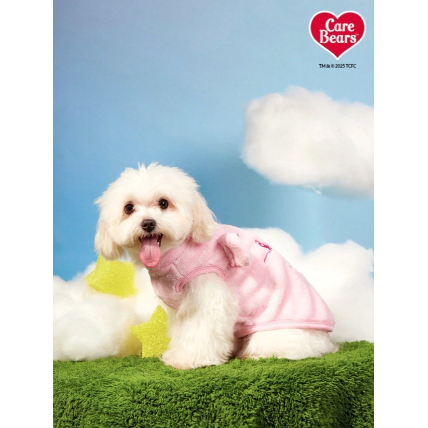 正版聯名 彩虹熊Care Bears 粉紅色熊刺繡寵物衣服 寵物貓狗通用外套 帶扣毛絨保暖無袖外套 寵物衣服-細節圖7