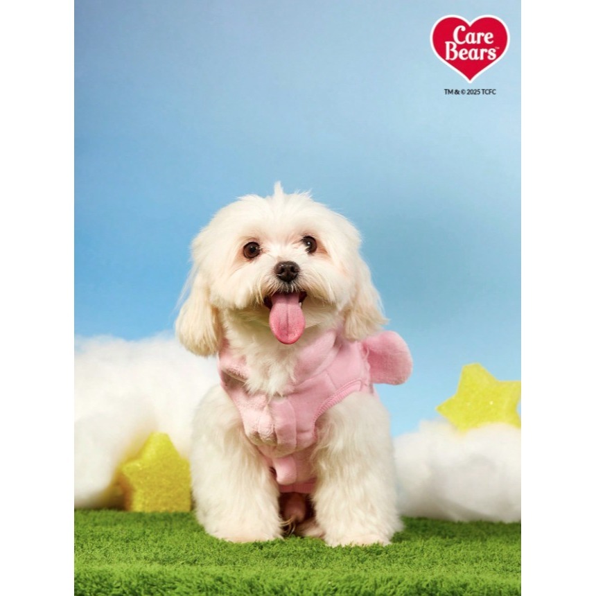 正版聯名 彩虹熊Care Bears 粉紅色熊刺繡寵物衣服 寵物貓狗通用外套 帶扣毛絨保暖無袖外套 寵物衣服-細節圖8