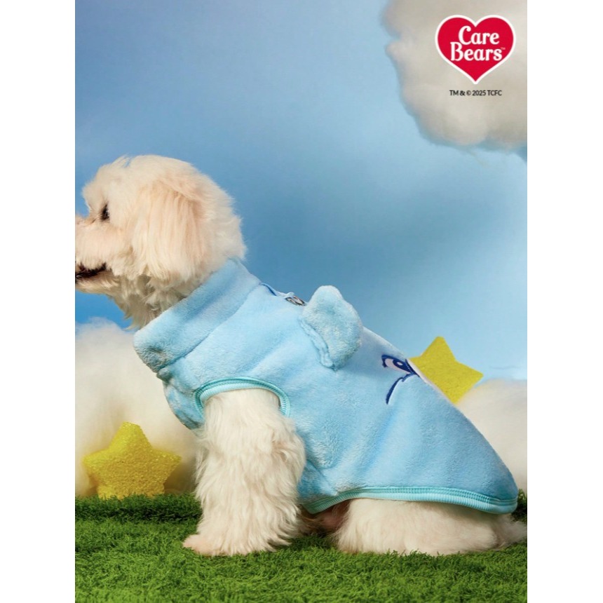 正版聯名 彩虹熊Care Bears 藍色熊刺繡寵物衣服 寵物貓狗通用外套 帶扣毛絨保暖無袖外套 寵物衣服-細節圖6