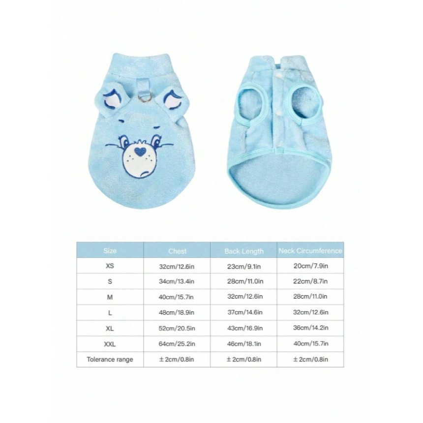 正版聯名 彩虹熊Care Bears 藍色熊刺繡寵物衣服 寵物貓狗通用外套 帶扣毛絨保暖無袖外套 寵物衣服-細節圖9