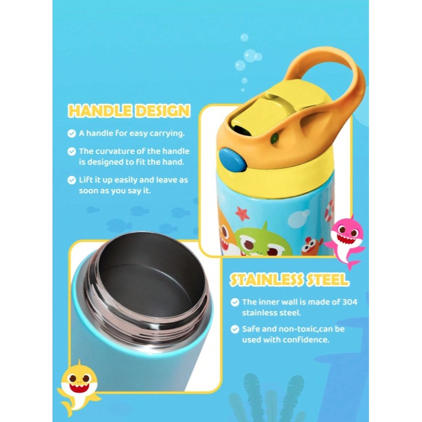 正版聯名 鯊魚寶寶 BABY SHARK 500ml兒童翻蓋吸管保溫瓶 304不鏽鋼雙層保溫壺-細節圖5