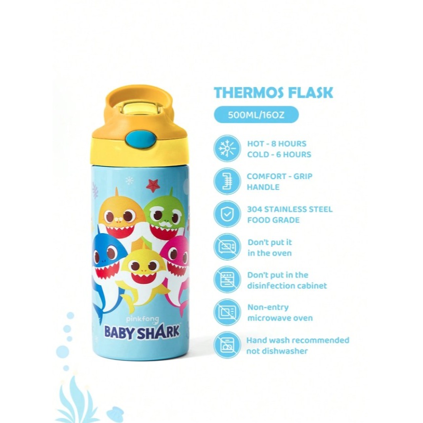正版聯名 鯊魚寶寶 BABY SHARK 500ml兒童翻蓋吸管保溫瓶 304不鏽鋼雙層保溫壺-細節圖6