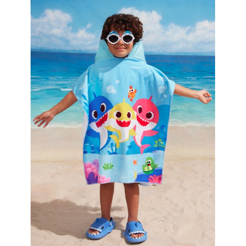 正版聯名 鯊魚寶寶 BABY SHARK 卡通圖案兒童連帽吸水浴巾 隔熱保暖-細節圖2