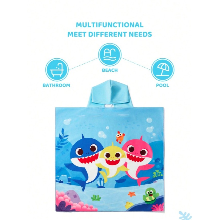 正版聯名 鯊魚寶寶 BABY SHARK 卡通圖案兒童連帽吸水浴巾 隔熱保暖-細節圖4