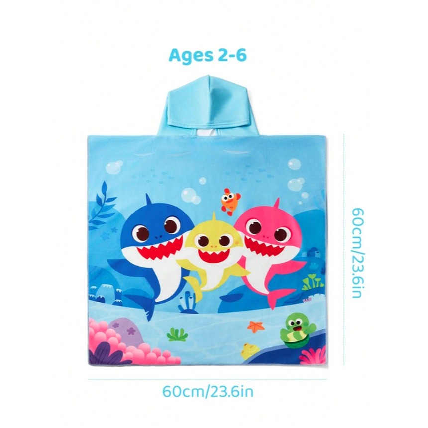 正版聯名 鯊魚寶寶 BABY SHARK 卡通圖案兒童連帽吸水浴巾 隔熱保暖-細節圖6