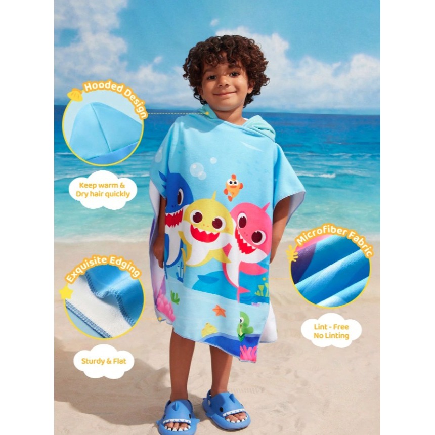 正版聯名 鯊魚寶寶 BABY SHARK 卡通圖案兒童連帽吸水浴巾 隔熱保暖-細節圖8