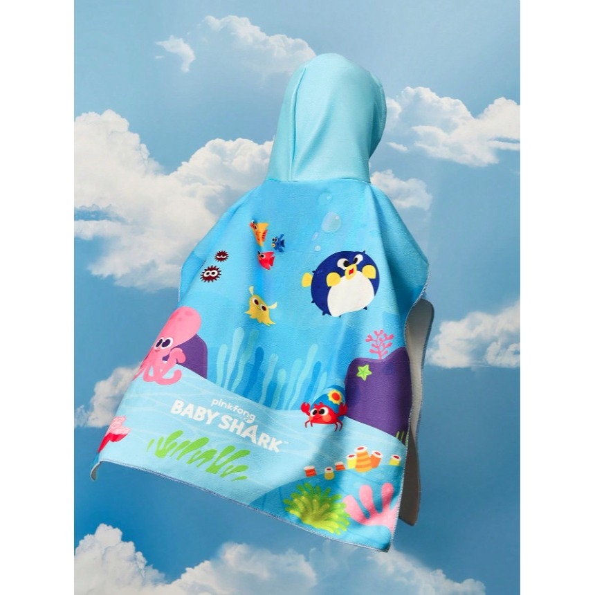 正版聯名 鯊魚寶寶 BABY SHARK 卡通圖案兒童連帽吸水浴巾 隔熱保暖-細節圖10