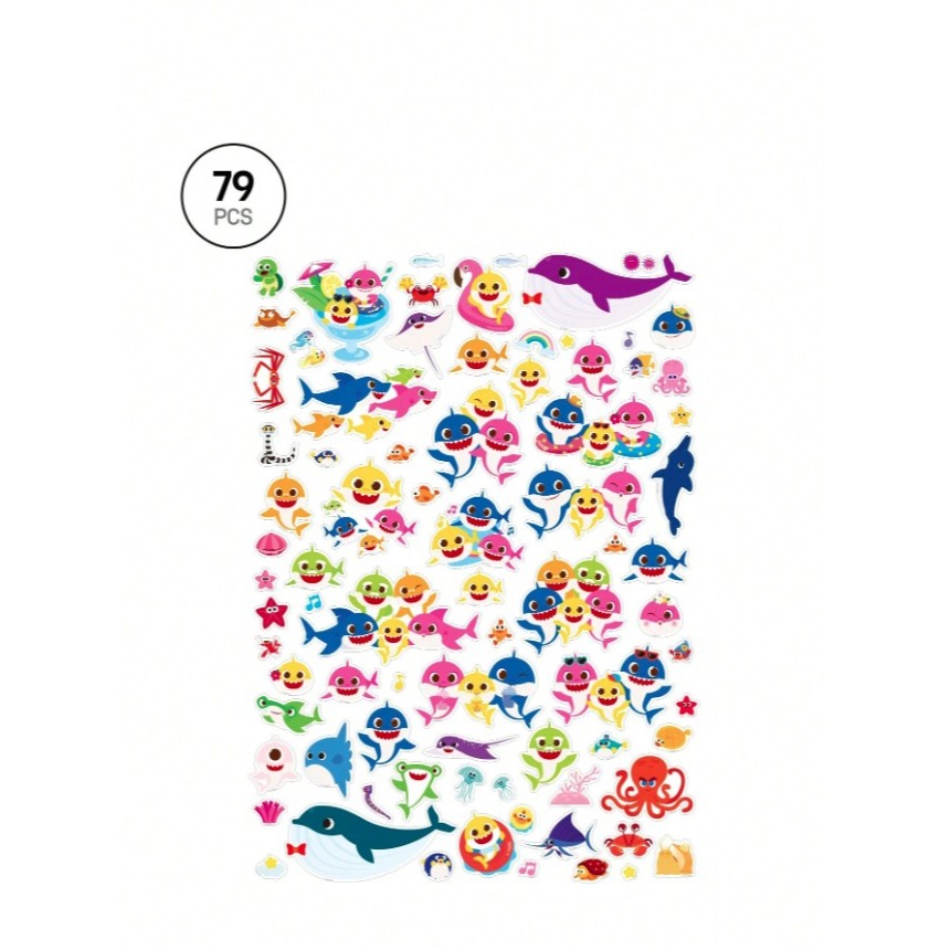 正版聯名 鯊魚寶寶 BABY SHARK 79張鯊魚卡通圖案印花貼紙套裝-細節圖5