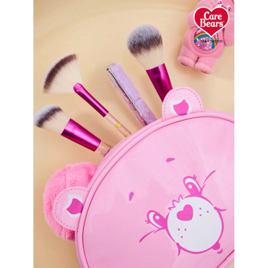正版聯名 彩虹熊Care Bears 粉紅色愛心熊PU皮革化妝包 收納包-細節圖2