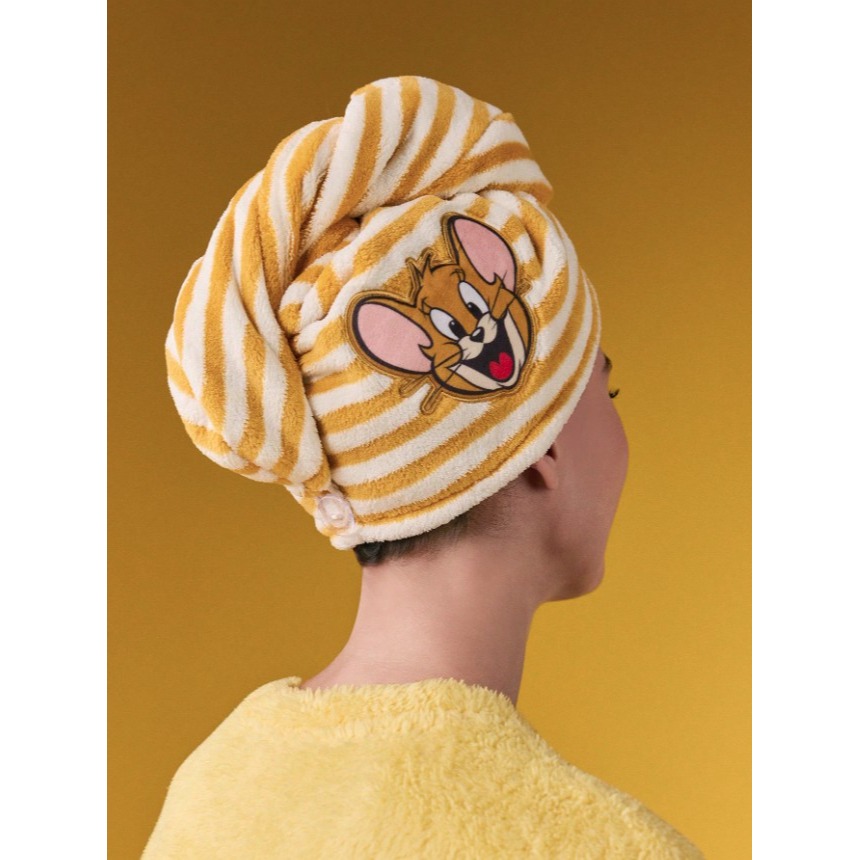 正版聯名 TOM&JERRY湯姆貓和傑利鼠  珊瑚絨超吸水條紋乾髮帽 頭巾-細節圖2