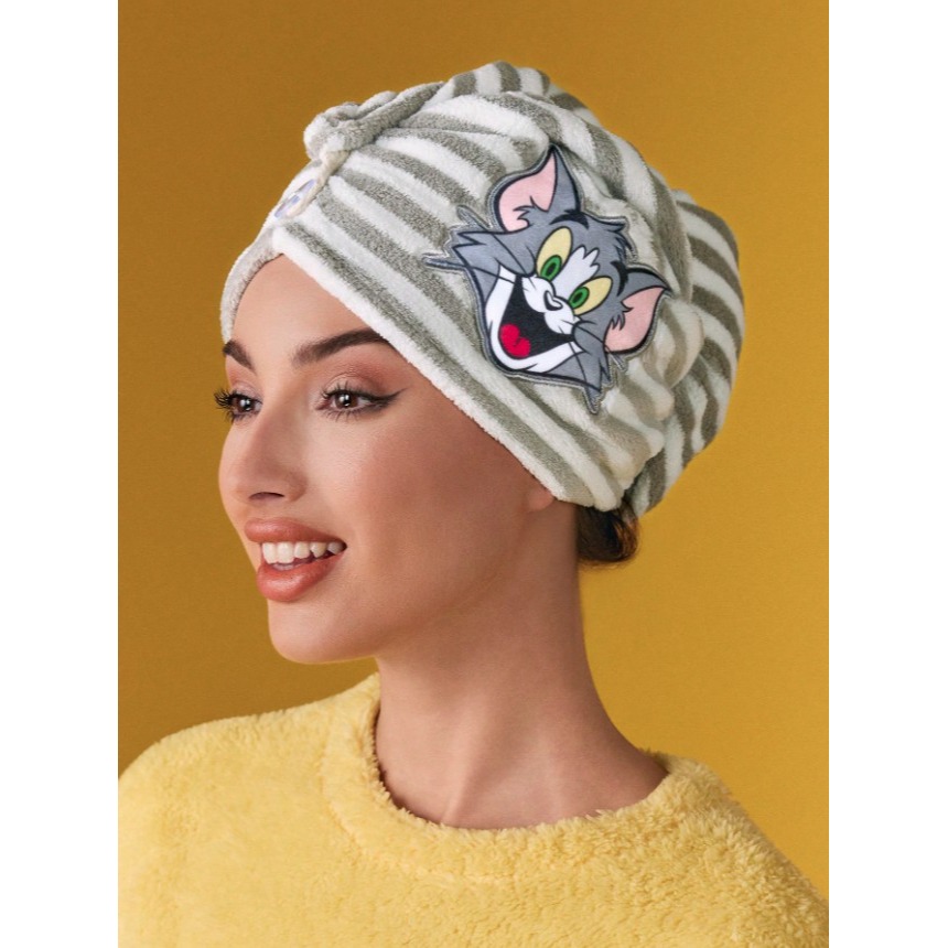 正版聯名 TOM&JERRY湯姆貓和傑利鼠  珊瑚絨超吸水條紋乾髮帽 頭巾-細節圖3