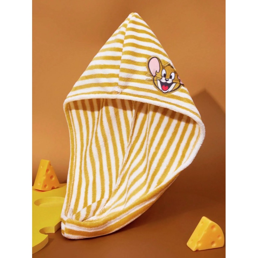 正版聯名 TOM&JERRY湯姆貓和傑利鼠  珊瑚絨超吸水條紋乾髮帽 頭巾-細節圖6