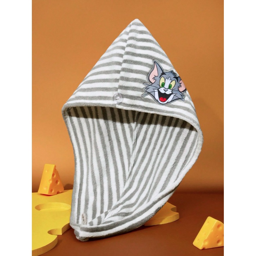 正版聯名 TOM&JERRY湯姆貓和傑利鼠  珊瑚絨超吸水條紋乾髮帽 頭巾-細節圖8