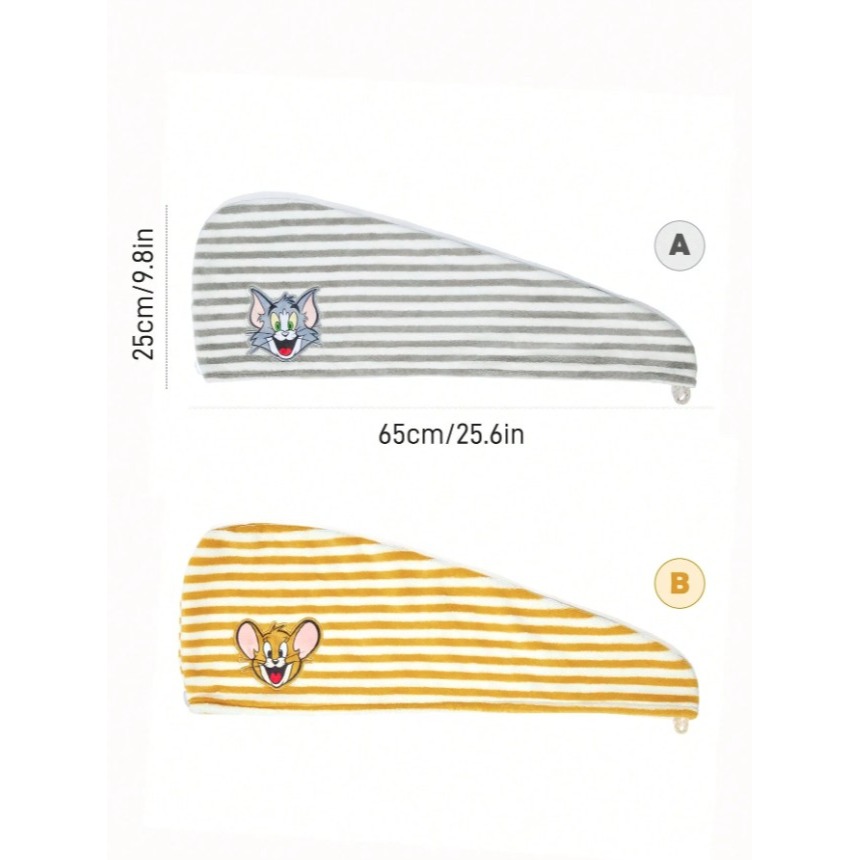 正版聯名 TOM&JERRY湯姆貓和傑利鼠  珊瑚絨超吸水條紋乾髮帽 頭巾-細節圖11