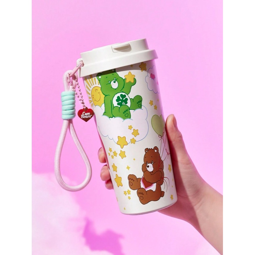 正版聯名 彩虹熊Care Bears 愛心熊500ml不鏽鋼真空隔熱保溫杯 直飲吸管兩用水杯(附手提鍊)-細節圖4