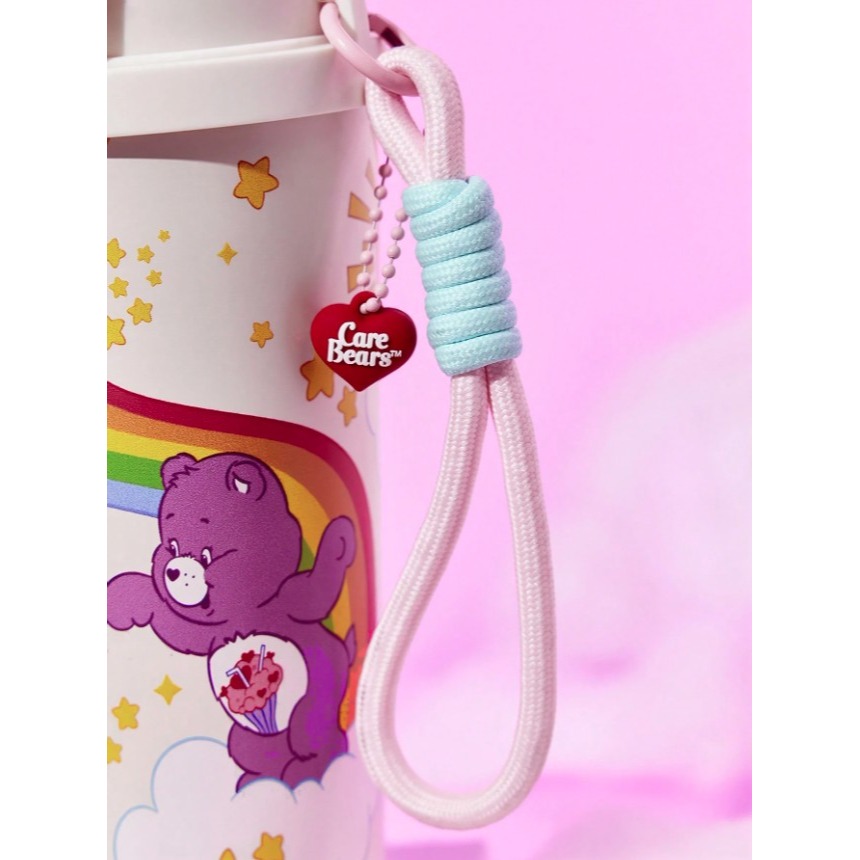 正版聯名 彩虹熊Care Bears 愛心熊500ml不鏽鋼真空隔熱保溫杯 直飲吸管兩用水杯(附手提鍊)-細節圖5