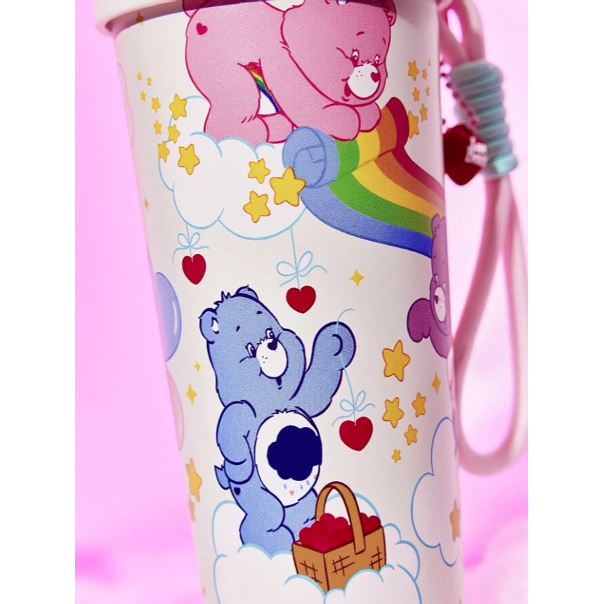 正版聯名 彩虹熊Care Bears 愛心熊500ml不鏽鋼真空隔熱保溫杯 直飲吸管兩用水杯(附手提鍊)-細節圖6