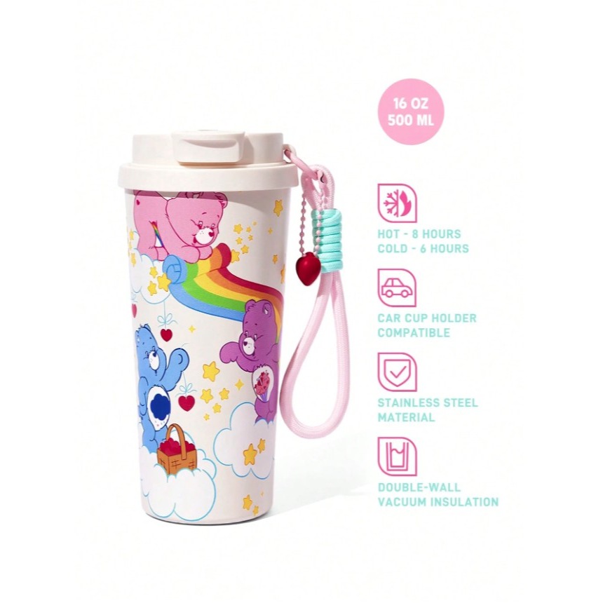 正版聯名 彩虹熊Care Bears 愛心熊500ml不鏽鋼真空隔熱保溫杯 直飲吸管兩用水杯(附手提鍊)-細節圖7