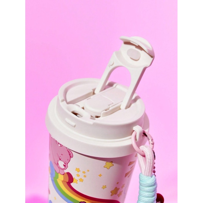 正版聯名 彩虹熊Care Bears 愛心熊500ml不鏽鋼真空隔熱保溫杯 直飲吸管兩用水杯(附手提鍊)-細節圖8