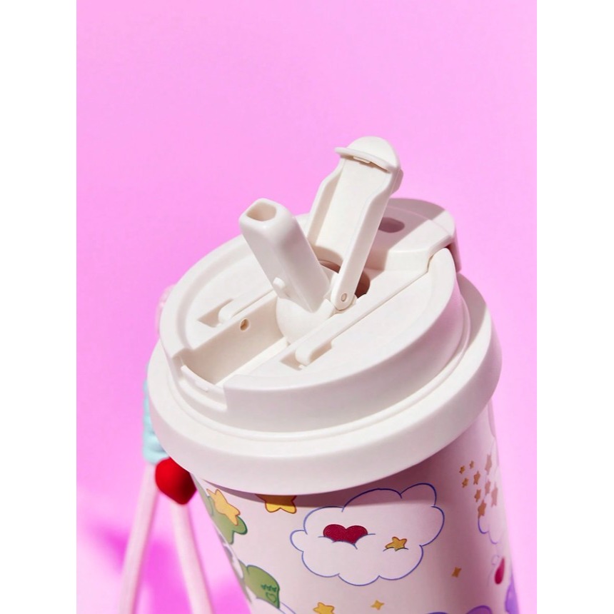 正版聯名 彩虹熊Care Bears 愛心熊500ml不鏽鋼真空隔熱保溫杯 直飲吸管兩用水杯(附手提鍊)-細節圖9