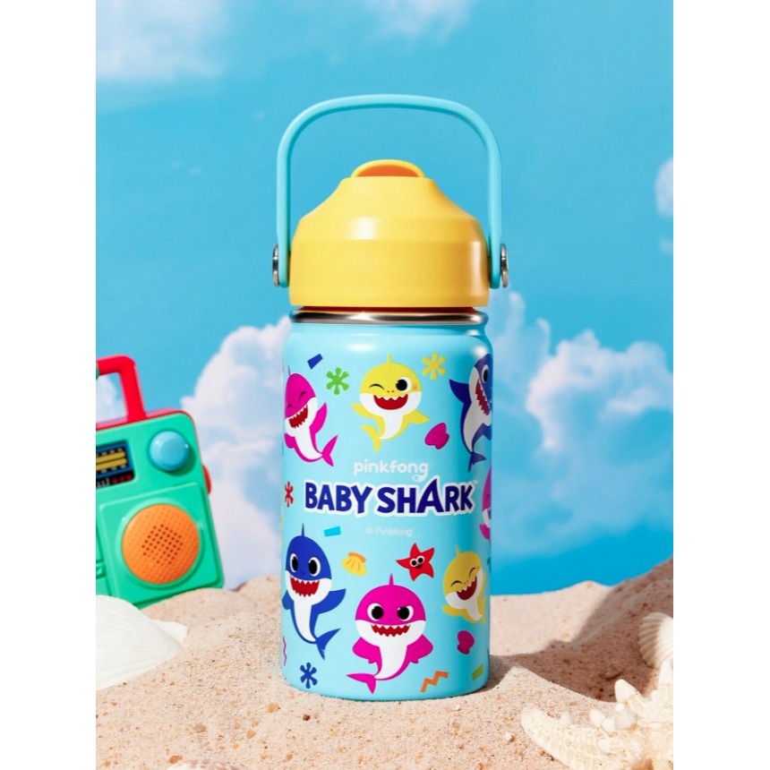 正版聯名 鯊魚寶寶 BABY SHARK 360ml兒童翻蓋吸管保溫瓶 304不鏽鋼手提保溫壺-細節圖2