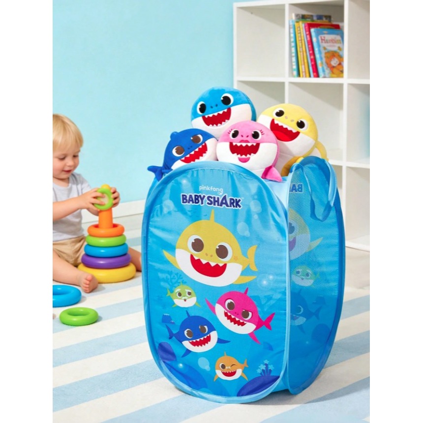 正版聯名 鯊魚寶寶 BABY SHARK 卡通圖案兒童折疊式收納籃 網布便攜式髒衣籃-細節圖2