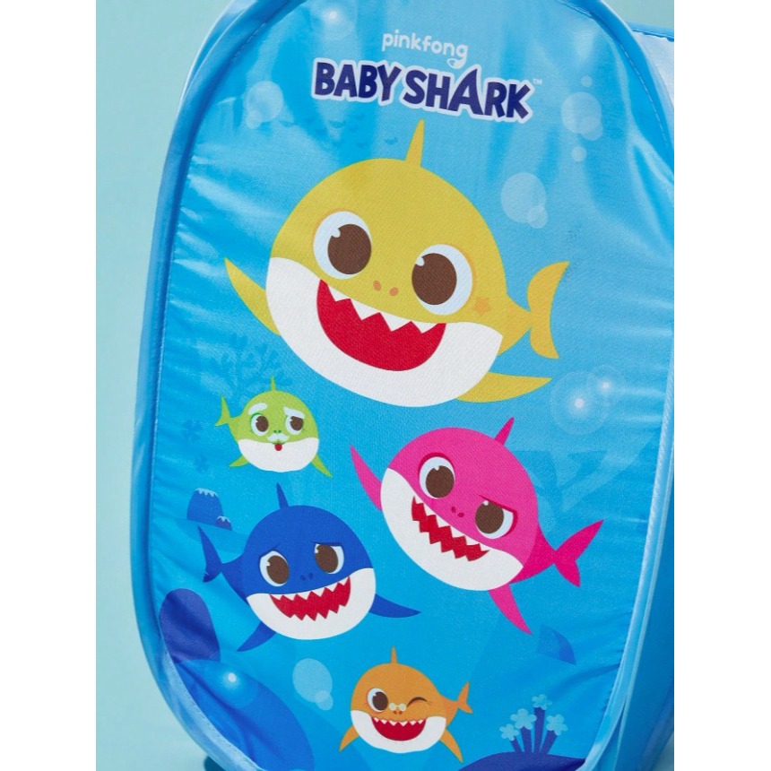 正版聯名 鯊魚寶寶 BABY SHARK 卡通圖案兒童折疊式收納籃 網布便攜式髒衣籃-細節圖3