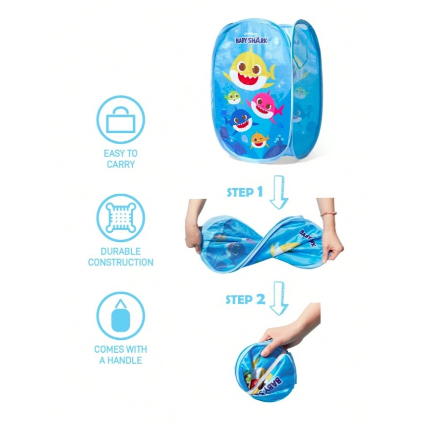 正版聯名 鯊魚寶寶 BABY SHARK 卡通圖案兒童折疊式收納籃 網布便攜式髒衣籃-細節圖5