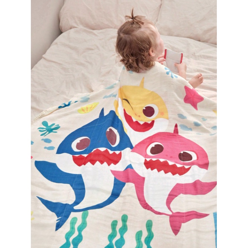 正版聯名 鯊魚寶寶 BABY SHARK 卡通印花竹纖維透氣嬰兒毯襁褓 嬰兒毯 嬰兒包巾 嬰兒被-細節圖3
