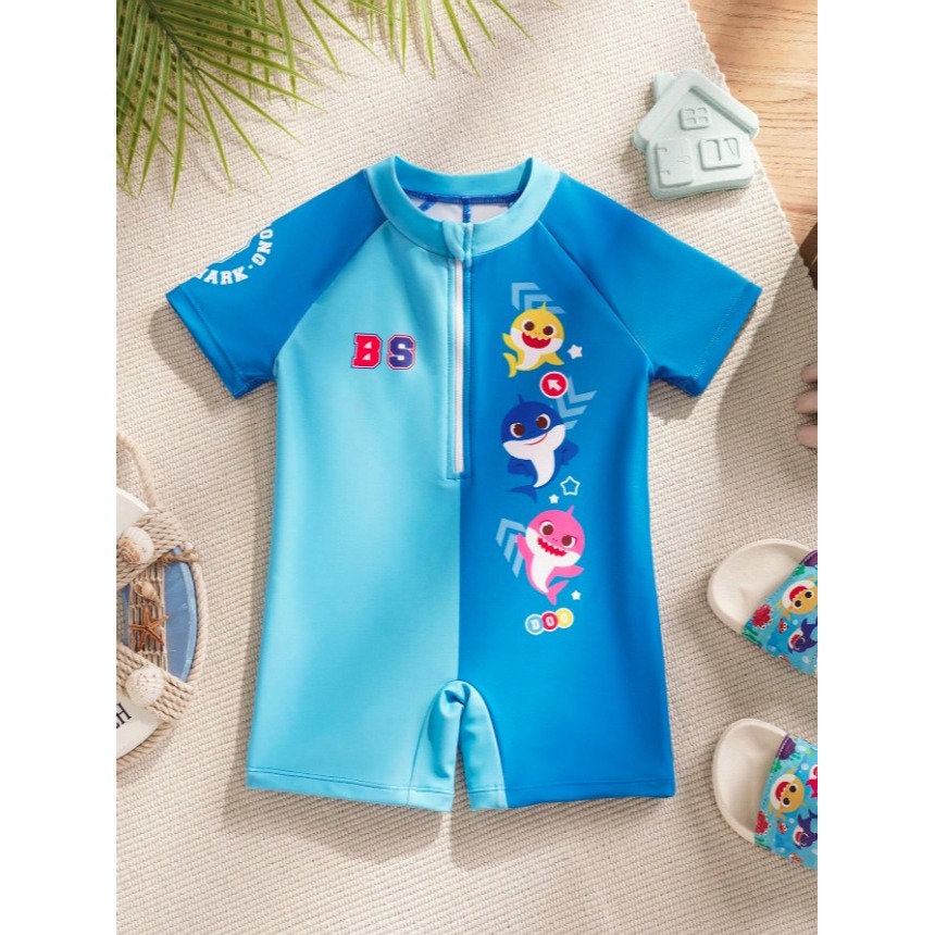 正版聯名 鯊魚寶寶 BABY SHARK 卡通鯊魚短袖連身泳衣泳褲 男嬰幼兒泳衣-細節圖7