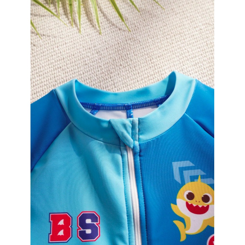 正版聯名 鯊魚寶寶 BABY SHARK 卡通鯊魚短袖連身泳衣泳褲 男嬰幼兒泳衣-細節圖9