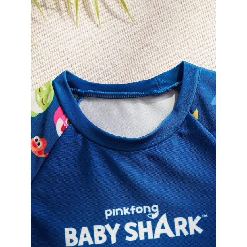正版聯名 鯊魚寶寶 BABY SHARK 卡通鯊魚短袖連身泳衣泳褲 男童泳衣-細節圖3