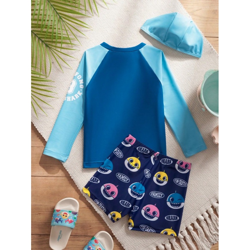 正版聯名 鯊魚寶寶 BABY SHARK 卡通鯊魚男童圓字領長袖上衣泳衣泳褲泳帽三件組-細節圖2