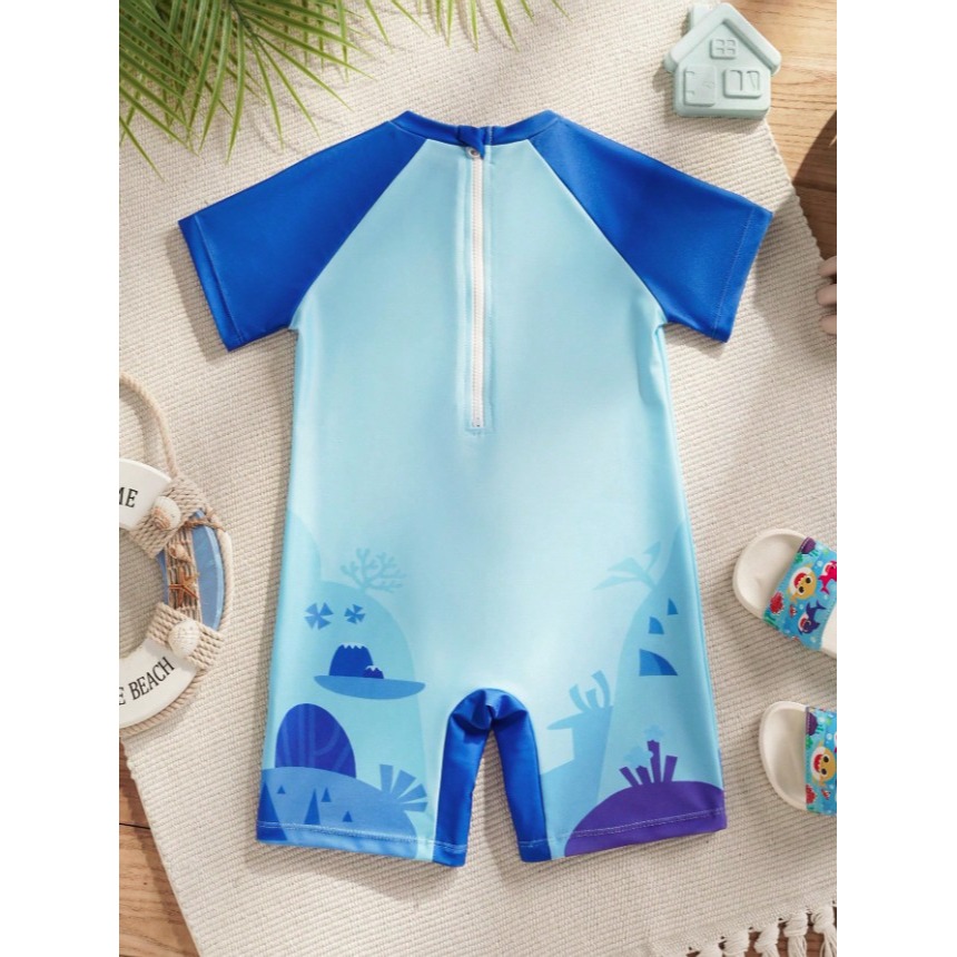 正版聯名 鯊魚寶寶 BABY SHARK 卡通鯊魚男童短袖連身泳衣 兒童泳衣-細節圖2