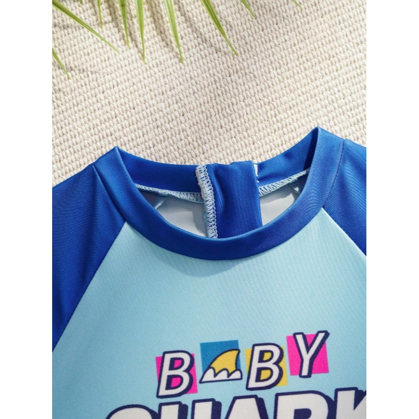 正版聯名 鯊魚寶寶 BABY SHARK 卡通鯊魚男童短袖連身泳衣 兒童泳衣-細節圖3