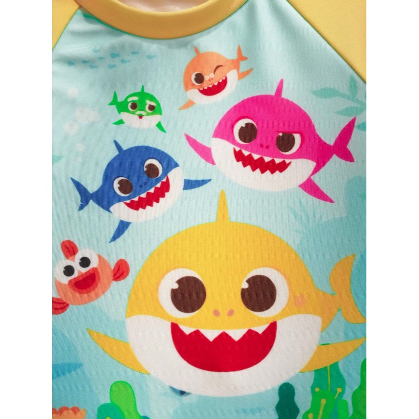 正版聯名 鯊魚寶寶 BABY SHARK 卡通鯊魚男童兩件組黃色圓字領長袖上衣泳衣泳褲套裝-細節圖3