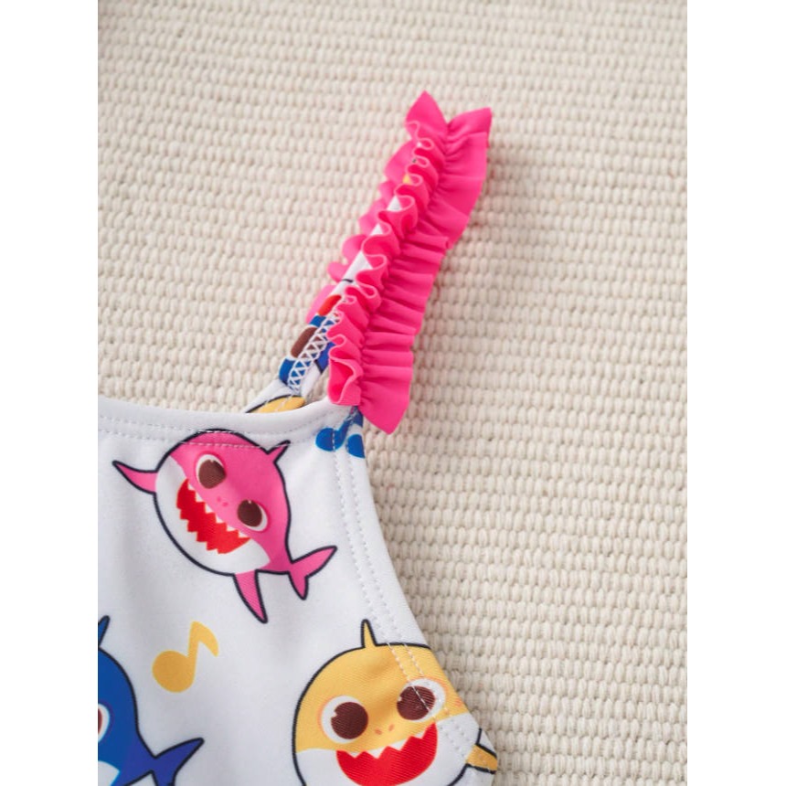 正版聯名 鯊魚寶寶 BABY SHARK 女童荷葉邊吊帶背心式泳衣2件組套裝-細節圖3