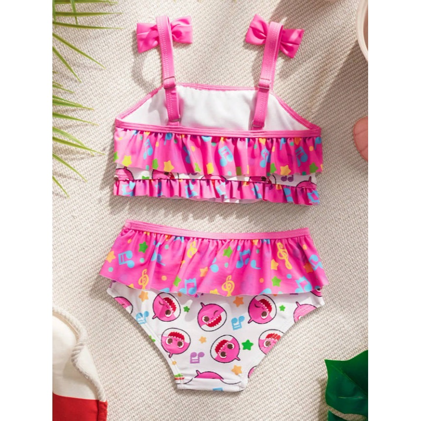 正版聯名 鯊魚寶寶 BABY SHARK 女嬰荷葉邊吊帶背心泳衣 桃紅色2件式套裝-細節圖2
