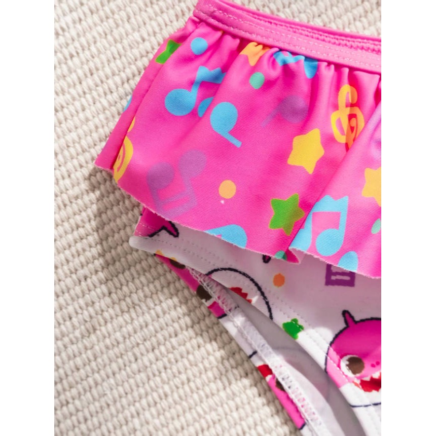 正版聯名 鯊魚寶寶 BABY SHARK 女嬰荷葉邊吊帶背心泳衣 桃紅色2件式套裝-細節圖4
