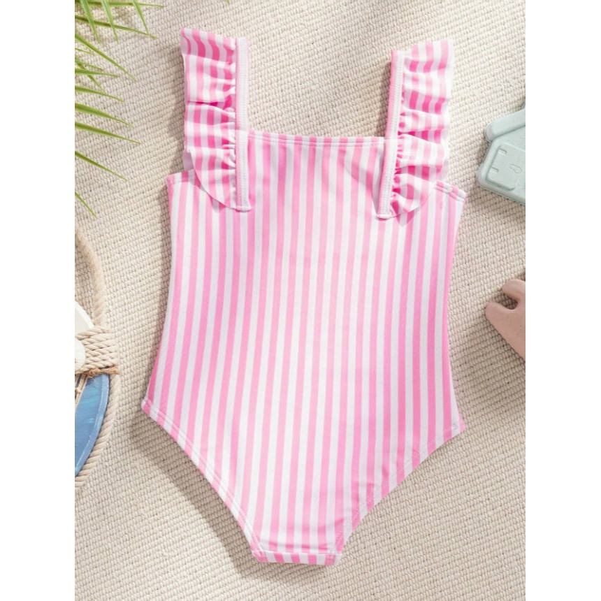 正版聯名 鯊魚寶寶 BABY SHARK 女嬰荷葉邊粉色條紋連身泳衣-細節圖2