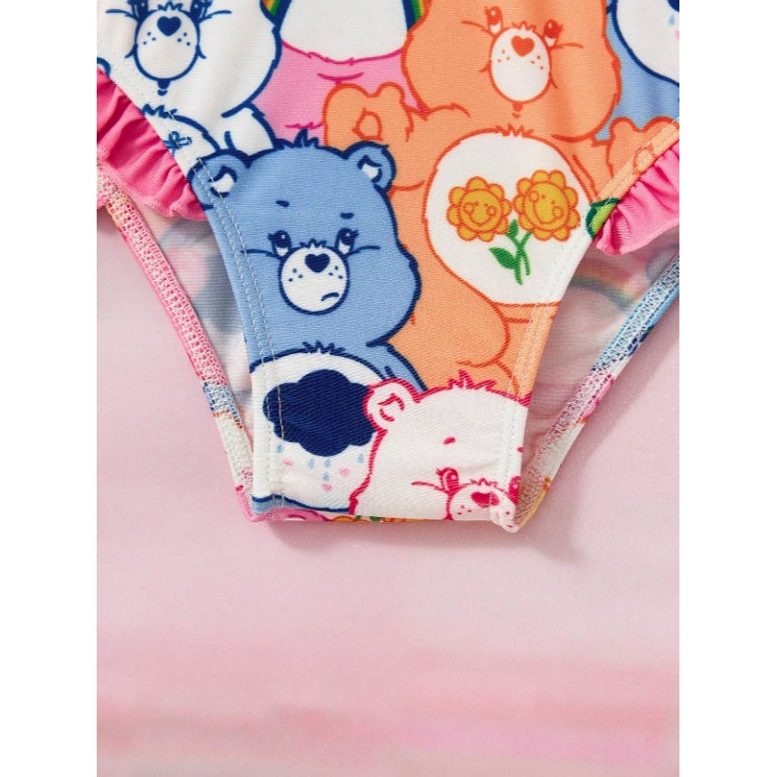 正版聯名 彩虹熊Care Bears 少女沙灘可愛熊印花荷葉邊連體泳裝 女童泳衣-細節圖4